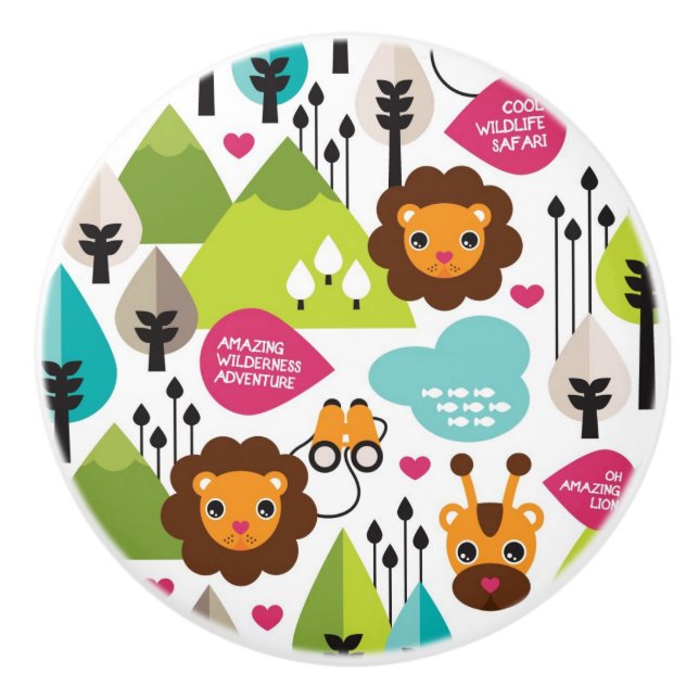 Retro Kindersafari-Löwewild lebende tiere Keramikknauf (Vorderseite)