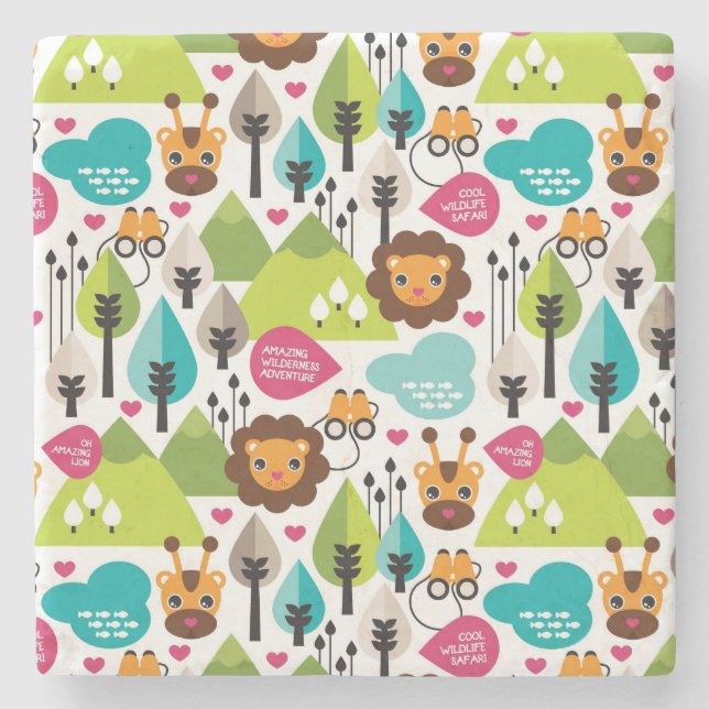 Retro Kindersafari-Löwewild lebende tiere Steinuntersetzer (Vorderseite)