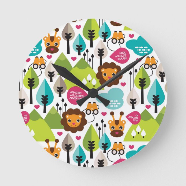 Retro-Kindersafari Runde Wanduhr (Vorderseite)