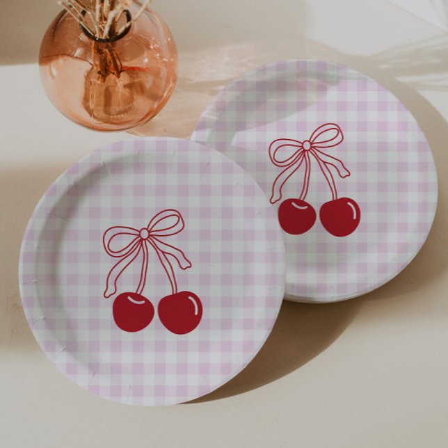 Retro-Kirsch-Rosa-Gingham-Geburtstag Pappteller (Von Creator hochgeladen)