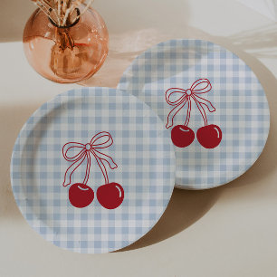 Retro-Kirschblau-Gingham-Geburtstag Pappteller