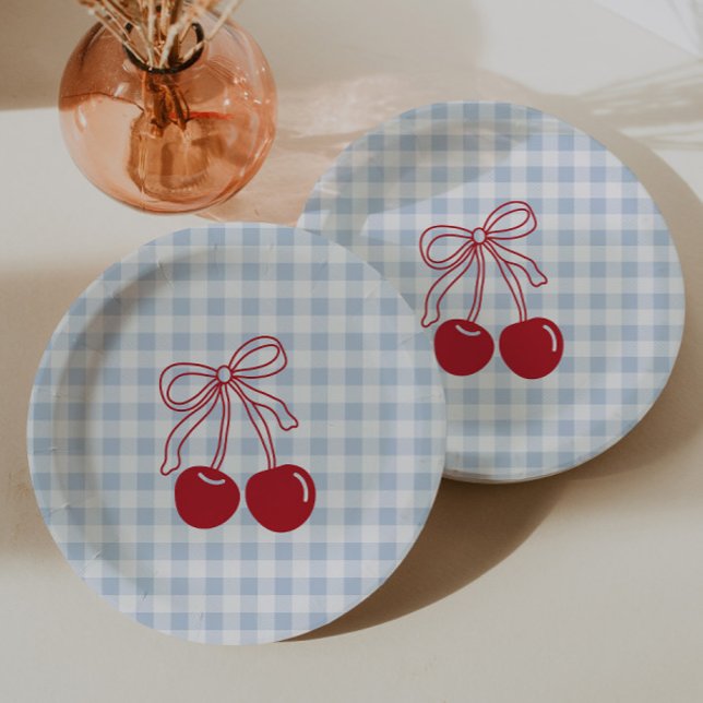 Retro-Kirschblau-Gingham-Geburtstag Pappteller (Von Creator hochgeladen)