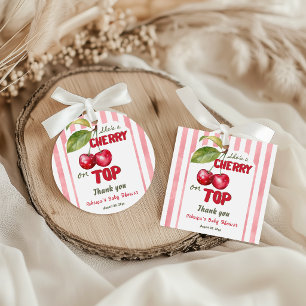 Retro Kirsche auf Rosa Streifen Baby Shower Geschenkanhänger