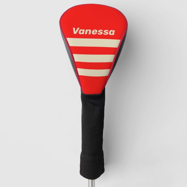 Retro Kirsche Drei Quer Streifen mit Namen Golf Headcover (Vorderseite)