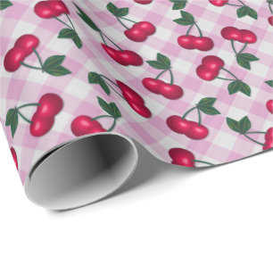 Retro-Kirschen auf rosa Gingham Geschenkpapier