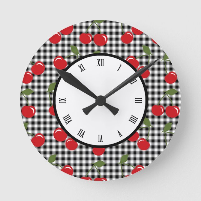 Retro Kirschgingham Runde Wanduhr (Vorderseite)