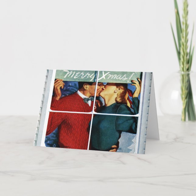 Retro Kissing Christmas Couple Card Feiertagskarte (Vorderseite)