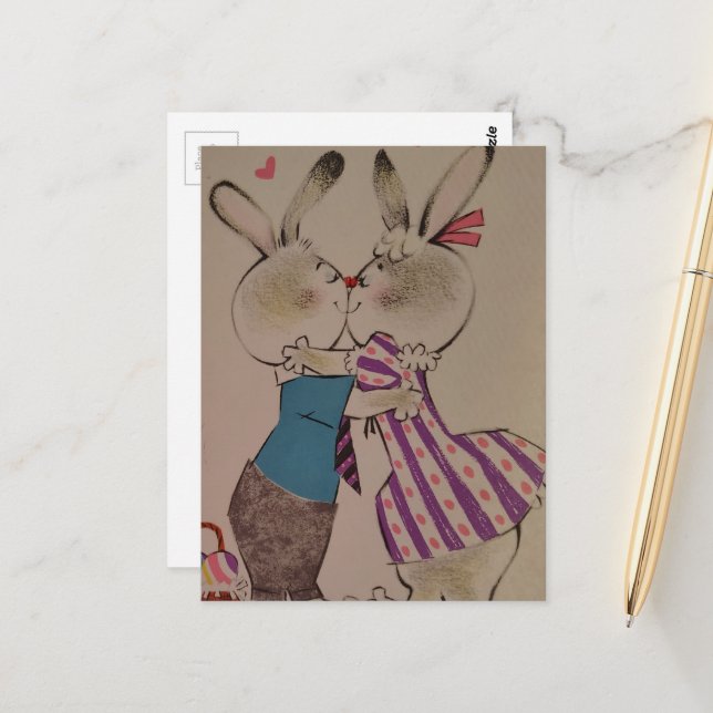 Retro Kissing Easter Bunnies Postkarte (Vorderseite/Rückseite Beispiel)