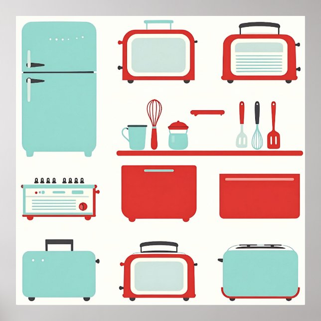 Retro Kitchen Appliances Pattern Poster (Vorne)