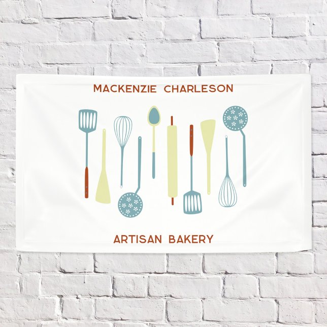 Retro Kitchen Bakery Café Catering Business Banner (Vintage kitchen utensils custom banner for bakery, catering business, cafe, patissery and more)