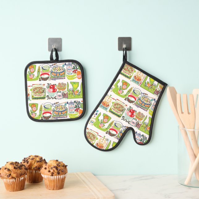 Retro Kitchen Cook Book Illustration Bright Green Ofenhandschuh & Topflappen-Set (Insitu (Hängend))