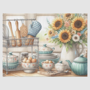 Retro Kitchen Geschirr Teapot und Sonnenblumen Seidenpapier