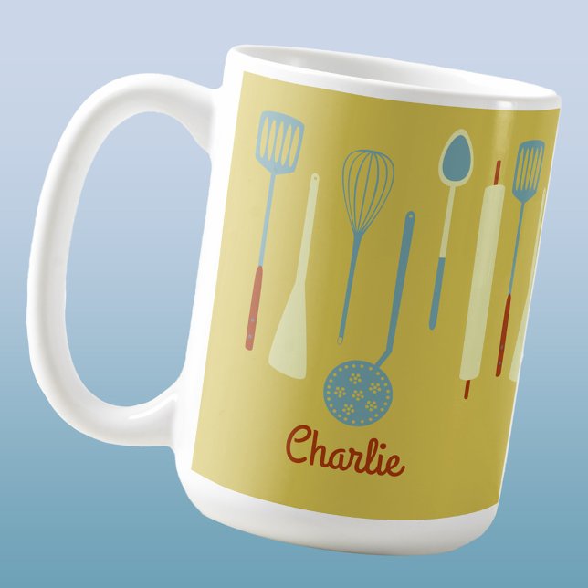 Retro Kitchen Personalisiert Kaffeetasse (Retro kitchen utensils personalized name yellow mug)