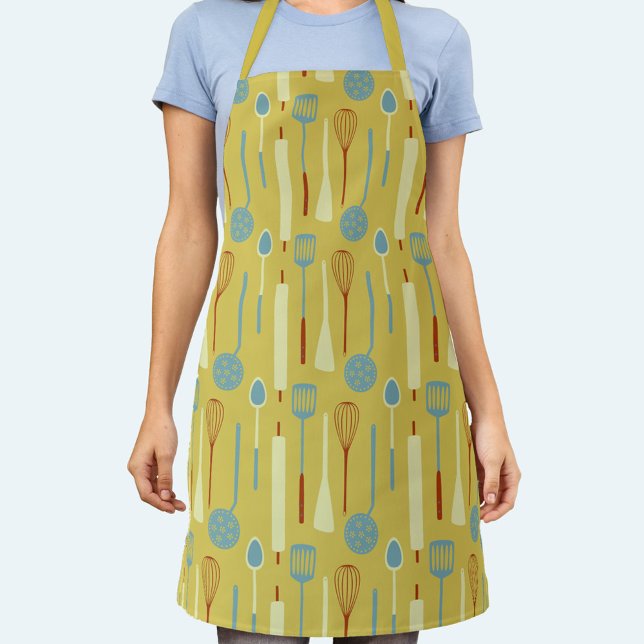 Retro Kitchen Utensil Schürze (Retro kitchen utensils fun yellow apron for your favorite cook, chef or baker)