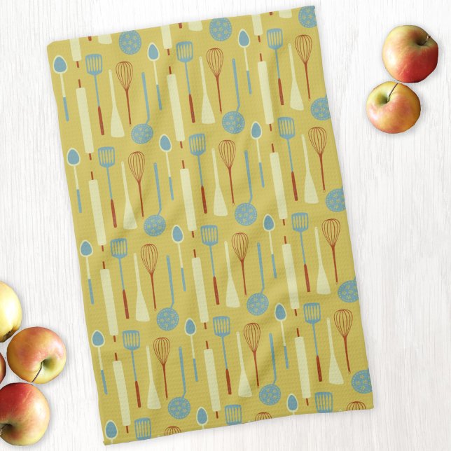 Retro Kitchen Utensils Geschirrtuch (Retro kitchen utensils yellow kitchen tea towel)