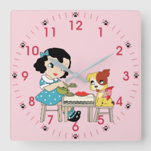 Retro-Kitsch Mädchen und Hund Quadratische Wanduhr