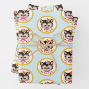 Retro Kitten Wrapping Paper Flat Sheet Set 3 Geschenkpapier Set