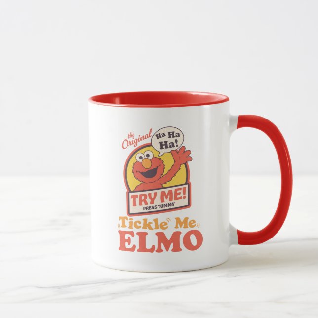 Retro Kitzle Mich Elmo Winkendes Grafik Tasse (Rechts)