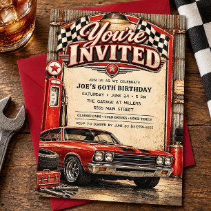 Retro-Klassiker-Garage-Muscle-Car-Renn-Geburtstag Einladung