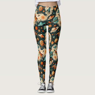 Retro Kosmische Raketen-Comic Teal Gold Starburst Leggings