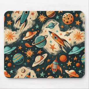 Retro Kosmische Raketen-Comic-Türkis-Gold-Sternene Mousepad