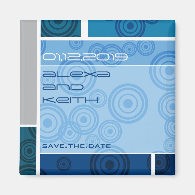 Retro Kreis-Block-Blau-Save the Date Magnet (Vorne)