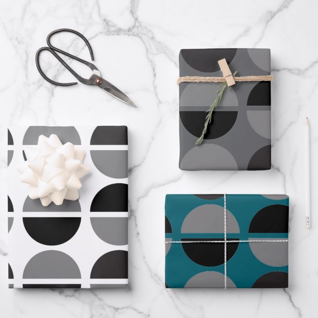 Retro-Kreise Schwarz und Grau Geschenkpapier Set (Vorderseite)