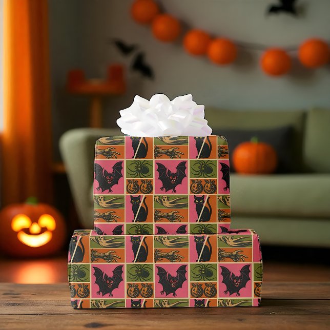 Retro-Kriecher Geschenkpapier (Retro Halloween gift wrap with bats, cats, pumpkins, and spooky icons.)