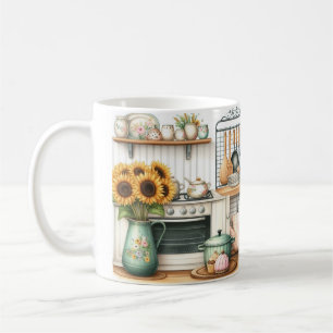 Retro-Küchenteller und Sonnenblumen Kaffeetasse