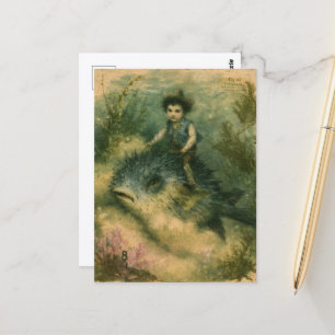 Retro Kugelfisch Cowboy Postkarte