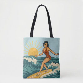 Retro-Küsten-Pin-Up-Surfer-Kunst | Blaue Surfwelle