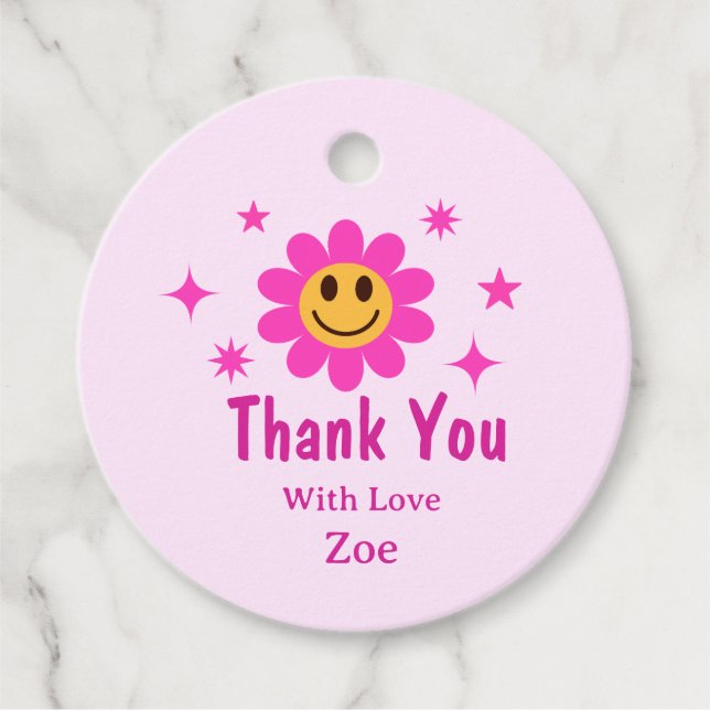 Retro Lächeln rosa Blume Geburtstag Danke Geschenkanhänger (Vorderseite)