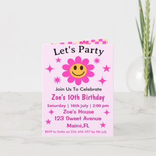 Retro-Lächelnde rosa Blumen karierte Mädchen-Gebur Einladung