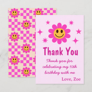 Retro Lächelnde Rosa Blumen Mädchen Geburtstag Dankeskarte