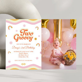 Retro Lächelt Zwei Groovy 2. Geburtstag Foto Einladung