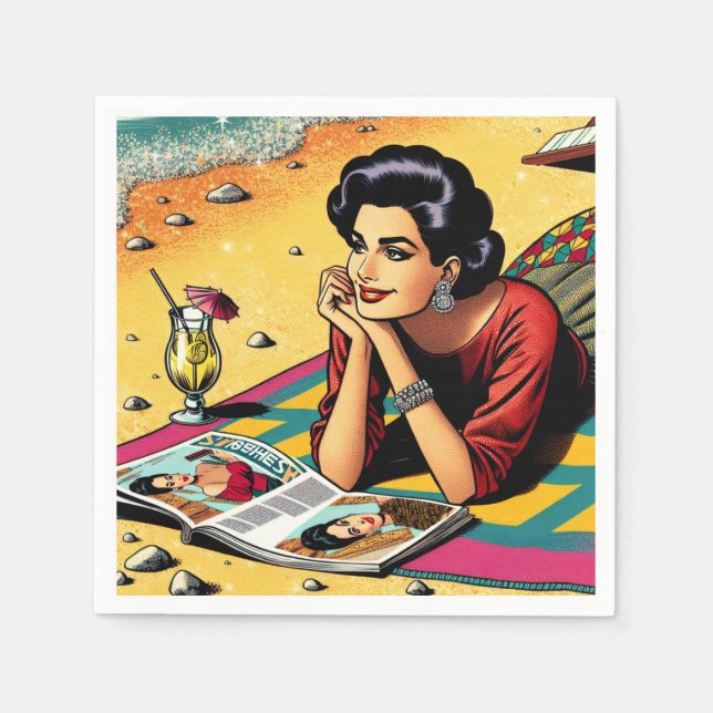 Retro Lady am Beach Daydreaming über Mode Serviette (Vorderseite)