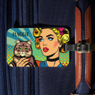 Retro Lady and Cat Personalisiert Gepäckanhänger