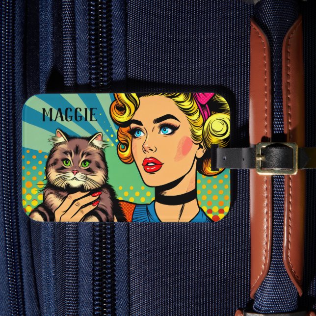 Retro Lady and Cat Personalisiert Gepäckanhänger (Vorderseite Insitu 4)