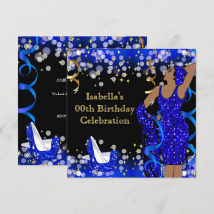 Retro Lady Blau Gold Glitter High Heels Geburtstag Einladung