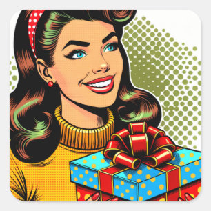 Retro Lady Holding a Birthday Present Quadratischer Aufkleber
