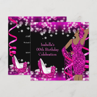 Retro Lady Hot Pink Glitzer High Heels Geburtstag Einladung