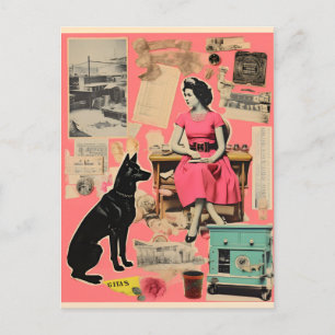 Retro Lady mit schwarzem Hund Collage Postkarte