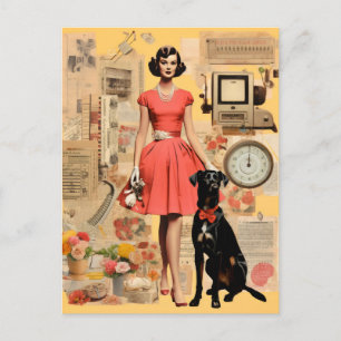Retro Lady mit schwarzem Hund Collage Postkarte