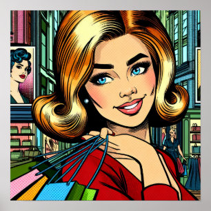 Retro Lady mit Shopping Bags Mitte Jahrhundert Poster