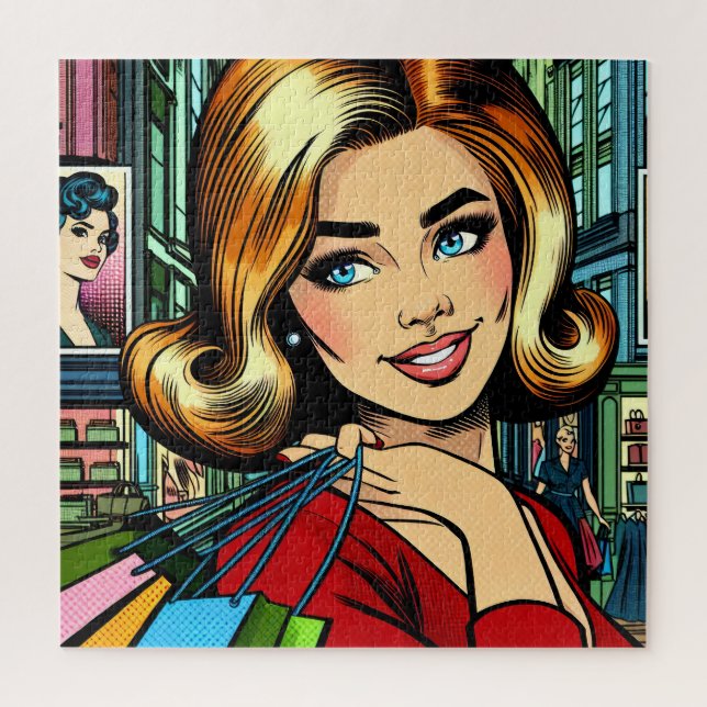 Retro Lady mit Shopping Bags Mitte Jahrhundert Puzzle (Vertikal)