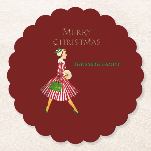 Retro Ladys und Weihnachten rot Untersetzer (Vorderseite)