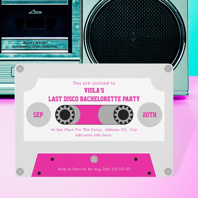 Retro Last Disk Cassette Tape Junggeselinnen-Absch Einladung (last disco cassette tape bachelorette party invitation retro pink disco bride silver disco ball)