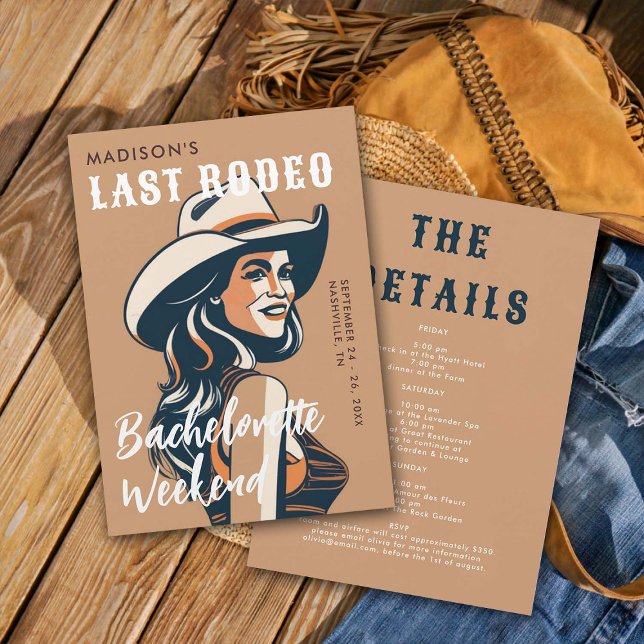 Retro Last Rodeo Poster Art Glam Chic Bachelorette Einladung (last rodeo bachelorette weekend invitation itinerary retro vintage elegant glam terracotta orange)