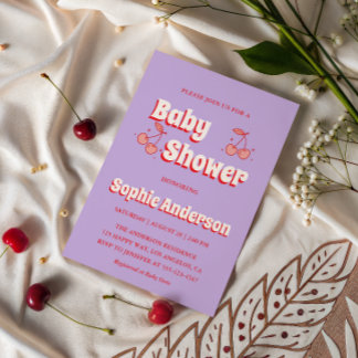 Retro Lavendel Kirsch Baby Shower Einladung