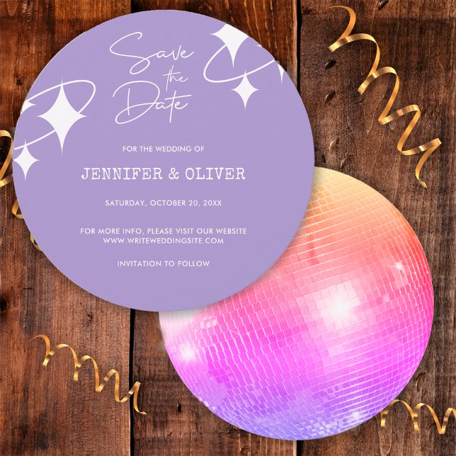 Retro Lavender Disco Ball Wedding Save the Date Einladung (Front/Back)